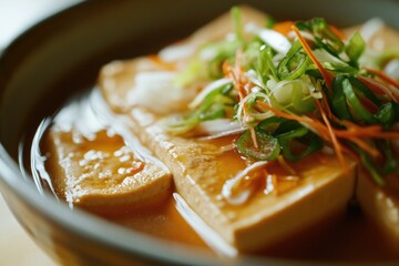 Wall Mural - A healthy meal setup featuring a bowl filled with tofu and mixed vegetables, placed on a table