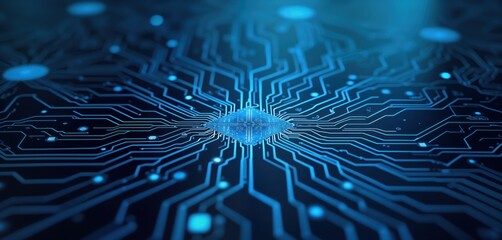 Fototapete - Abstract circuit board pattern glows in deep blue on dark background. Intricate network design shows complex connections. Futuristic tech concept. Glowing lines, details highlight tech innovation.