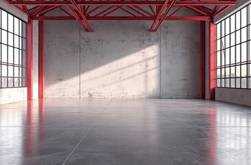 Poster - Red beams, white walls, high ceiling, large windows, spacious interior, empty room, wooden floor, bright sunlight, architectural design, modern interior, industrial style