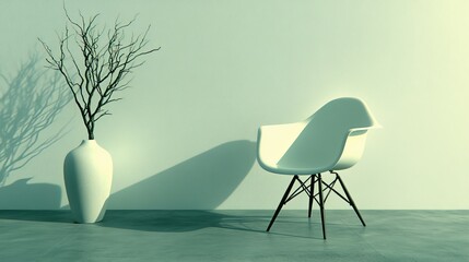 Poster - A simple white room that includes a chair, a plant, and a side table