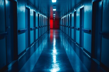 Aufkleber - Long empty corridor reflecting red light in modern building