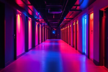 Poster - Long neon lit corridor creating modern, futuristic atmosphere