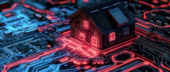 Poster - A futuristic house model rests on a glowing circuit board, illustrating the blend of technology and home automation