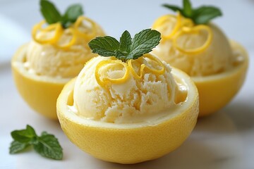 Wall Mural - Lemon ice cream scoops garnished with mint and zest inside lemons