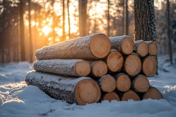 Poster - Logs covered with snow create a warm atmosphere in a winter forest at sunset