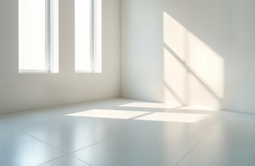 Aufkleber - Bright sunlight streams through large windows in white room creating interesting light, shadow patterns on floor. Interior minimalist, airy. Natural light fills empty space, modern design. Clean