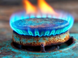 A candid shot of a blue gas flame burning brightly on a kitchen stovetop