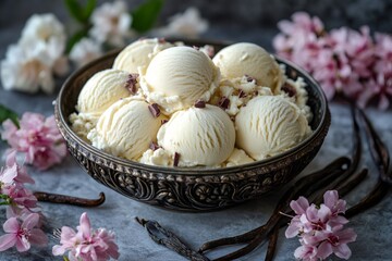 Wall Mural - Vanilla ice cream scoops with chocolate chips in a decorative bowl