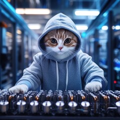 Poster - A curious cat sits at a keyboard wearing a hoodie, ready to type away