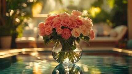 Poster - Beautiful bouquet of flowers floating in serene swimming pool beside elegant lounge area