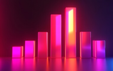 Poster - A dynamic bar graph illuminated with vibrant pink and purple lights, representing statistical growth and data visualization in a modern aesthetic.