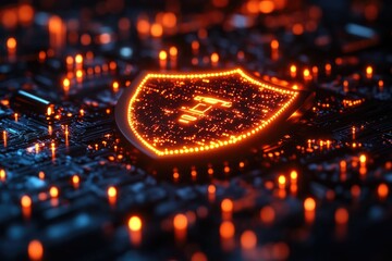 Poster - a computer motherboard with a glowing shield on top, suitable for futuristic or sci-fi themed design