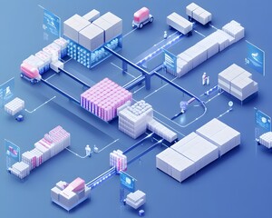 Poster - A vibrant isometric illustration depicting a modern warehouse logistics system with detailed layout, packages, and transport vehicles.