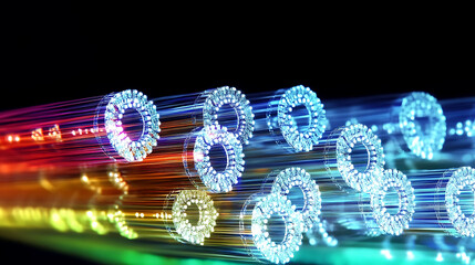 Poster - Abstract vibrant stream of glowing rings, representing data flow or highspeed connectivity. Ideal for tech, network, or futuristic concepts.