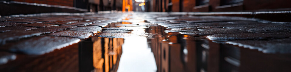 Wall Mural - Puddle Reflection in Cobblestone Alleyway