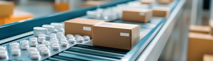 Poster - An efficient conveyor belt system transporting boxes in a modern warehouse, highlighting the importance of logistics in industry operations.
