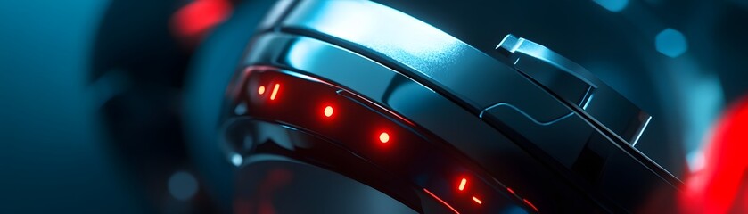 Poster - Close-up view of a futuristic robotic component featuring intricate designs, glowing red lights, and sleek metal surfaces, showcasing advanced technology.