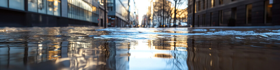 Wall Mural - City Street Reflection in Melted Snow Puddle