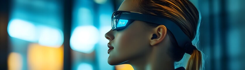 Poster - Futuristic young woman wearing smart glasses, showcasing advanced technology in her world. Empowering innovation and digital transformation.