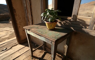 Poster - A half-curtained window provides a blurred backdrop to a wooden table top