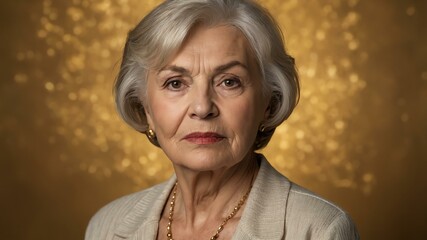 Wall Mural - elderly caucasian female in casual wear on gold background model portrait looking serious for ad concept space for text