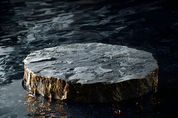 A round, rough stone pedestal in a moody, dark water setting, ideal for showcasing luxury products with a golden glitter decor touch.