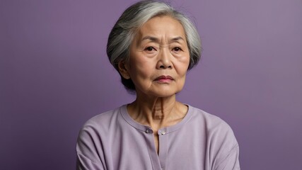 Wall Mural - elderly asian female in casual wear on pastel color background model portrait looking serious for ad concept space for text