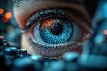 Poster - close-up shot of a person's eye with a computer keyboard visible in the background