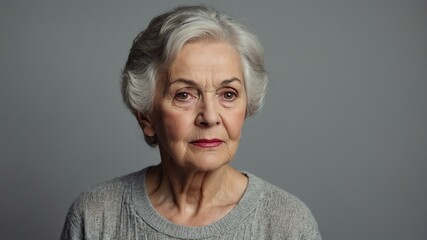 Wall Mural - elderly american female in casual wear on pastel color background model portrait looking serious for ad concept space for text