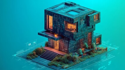 Poster - The initial blueprint stage of construction is depicted by a 3D rendering of a modern house design with wireframe lines