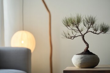 Sticker - A small potted bonsai tree sitting next to a lamp on a table