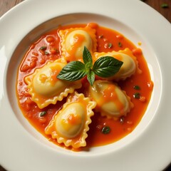 Wall Mural - The image shows a plate of ravioli in tomato sauce. The raviolis are arranged in a circular pattern on a white plate. The sauce is a bright orange color and appears to be thick and creamy.