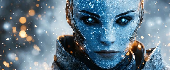 Poster - Close-up portrait of a futuristic cyborg woman with icy blue skin and glowing eyes, set against a backdrop of sparkling particles.