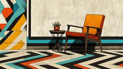 Poster - In a sunlit area, an empty chair and table are positioned by the wall, framed by a geometric painting, making it a great choice for design or lifestyle decor