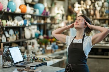 Poster - a woman stands in front of a counter with a laptop, ready to work or browse the internet