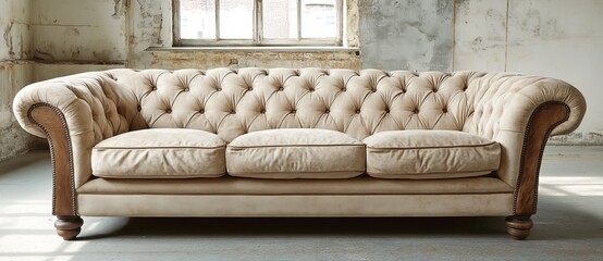 Poster - A tranquil living room design retains a minimalist aesthetic through the use of a beige sofa and wooden accents