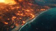 © Ева Поликарпова - Aerial view of a fire burning near the ocean, suitable for use in environmental or emergency response context