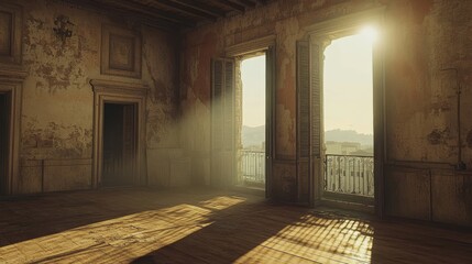 Poster - Sunrays enter an empty space with hardwood flooring and three large windows