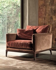 Poster - The contemporary living room showcases a pink armchair, abstract art pieces, and a substantial window