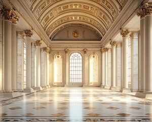 Poster - Sunlit grand hall with marble floor, columns, and gold detailing.