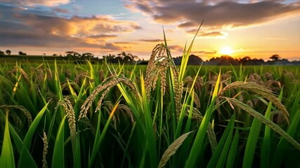 Poster - Lush green rice field at sunset showcases golden grains under vibrant sky, creating serene landscape that embodies tranquility of nature and beauty of agriculture.
