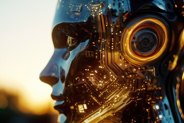 Poster - A detailed view of a person's face with advanced technology integrated into their head