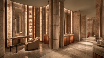 Poster - In a modern luxury setting, the living room is enhanced by contemporary furniture, a marble console, and an illuminated mirror