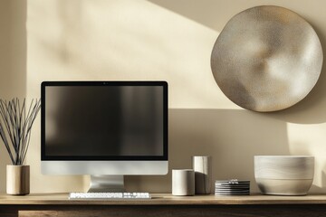 Poster - A computer monitor sitting on a wooden desk
