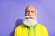 © deagreez - Portrait of funny eccentric grandfather wear yellow bright stylish clothes look empty space isolated on purple color background