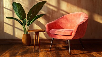 Poster - A clean, white room adorned with a chair, a plant, and a side table