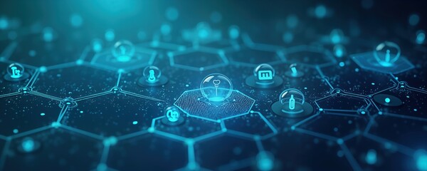 Poster - Abstract medical digital tech design shows interconnected hexagons, glowing icons. Modern tech healthcare system design. Network global medical data, technology. Innovative health care future