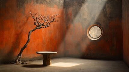 Poster - Within the red chamber, centered around a round table, Asian design elements include a vibrant blossoming branch