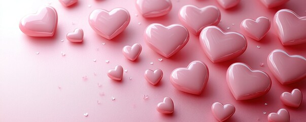Wall Mural - glowing translucent pink hearts surrounded by sparkling bokeh lights on a dreamy pastel background g