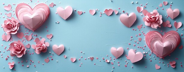 Wall Mural - Layered pink paper hearts and roses scattered with heart-shaped confetti on a pastel blue textured background Generative AI